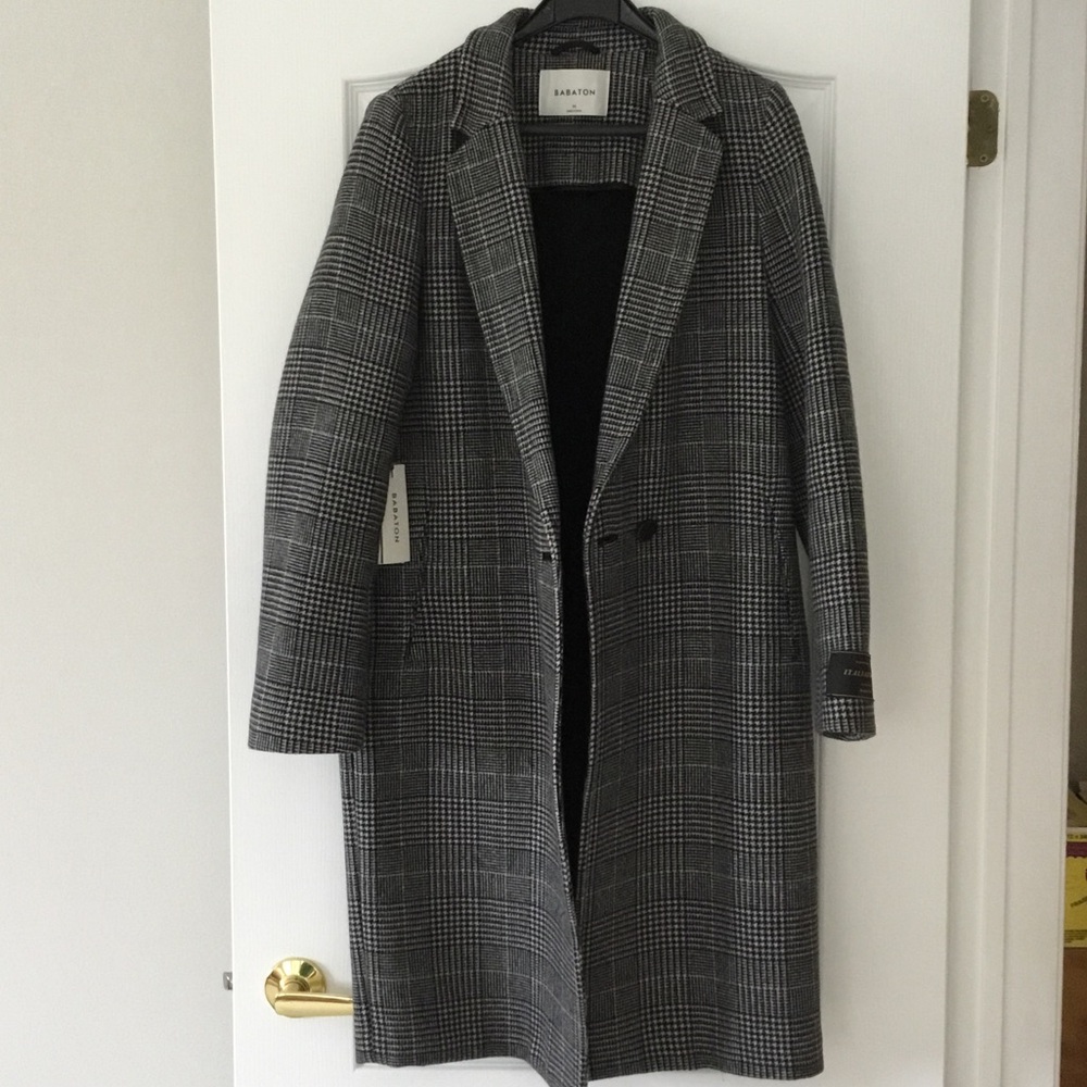 Babaton Stedman 100% Wool Gray Glen Plaid Trench Coat - size M